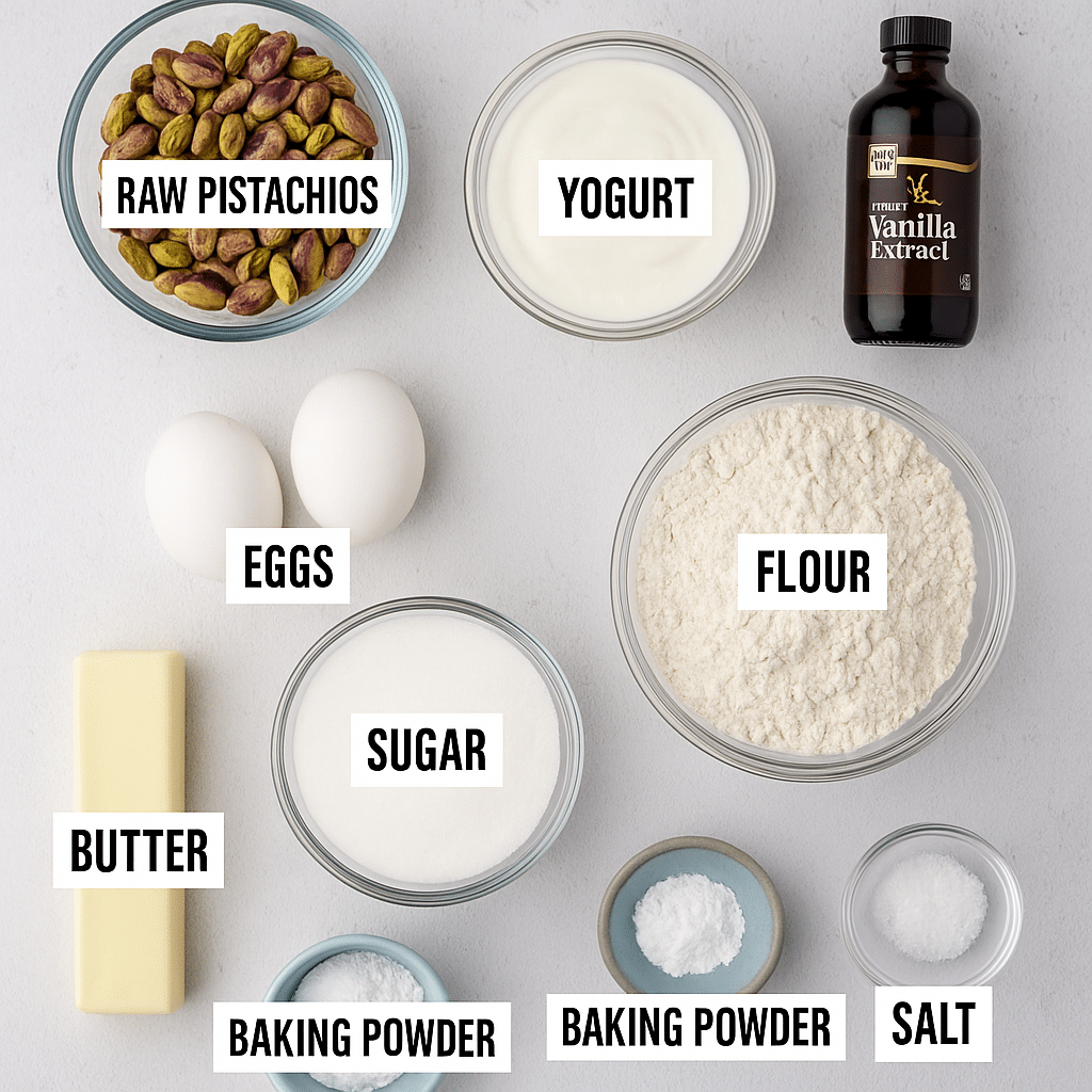 Flat lay of ingredients for pistachio muffins including raw pistachios, yogurt, flour, sugar, eggs, butter, vanilla extract, baking powder, and salt on a light surface