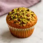 Bakery-Style Pistachio Muffins - Soft Fluffy & Easy 10 Close-up of a green pistachio muffin topped with crushed pistachios in a white paper liner on a light tile surface