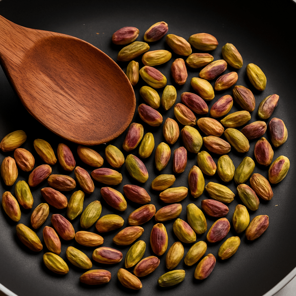 A close-up of raw pistachios in a non-stick frying pan with a wooden spoon, lightly toasting
