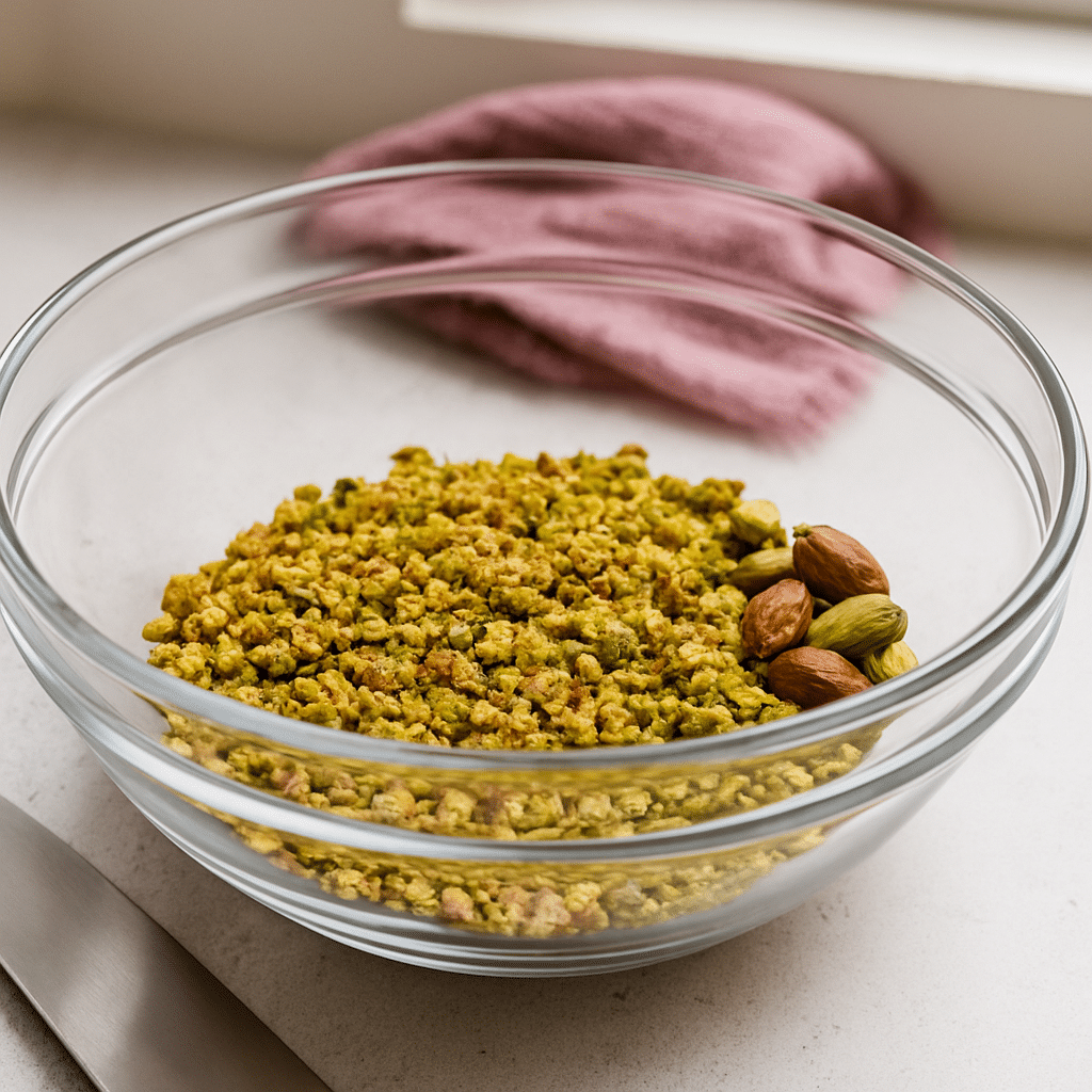 Coarsely chopped pistachios in a glass bowl on a white kitchen counter with natural light