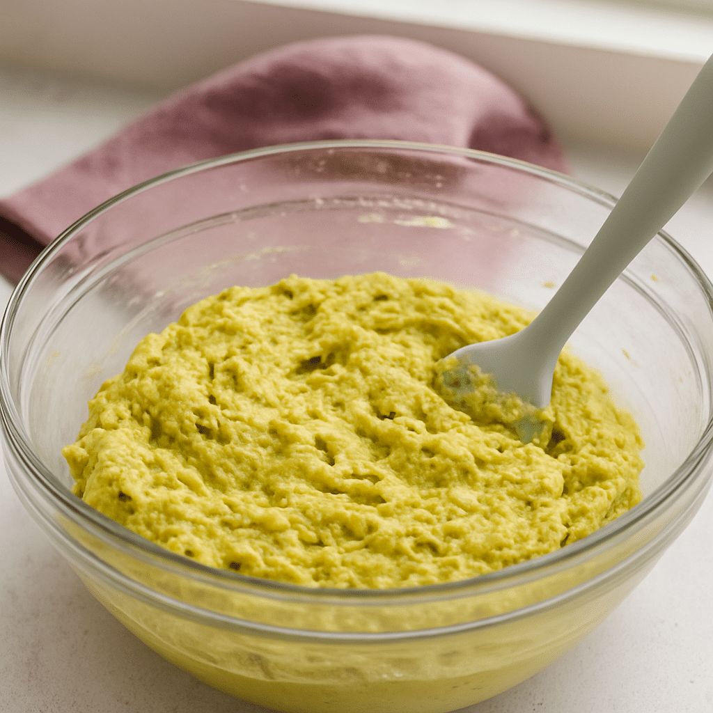 Light green pistachio muffin batter being mixed with a silicone spatula in a glass bowl