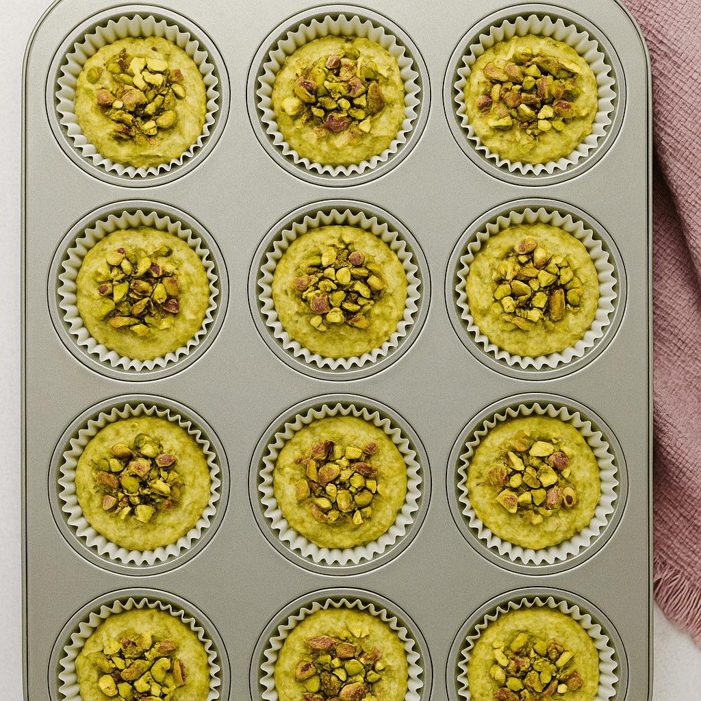 Muffin tin filled with pistachio muffin batter, each topped with chopped pistachios