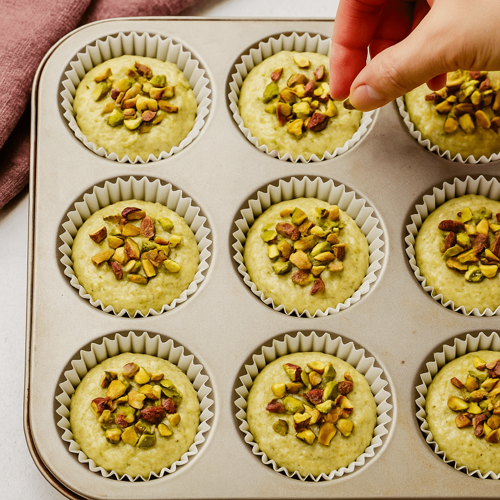 Muffin tin filled with pistachio muffin batter, each topped with chopped pistachios