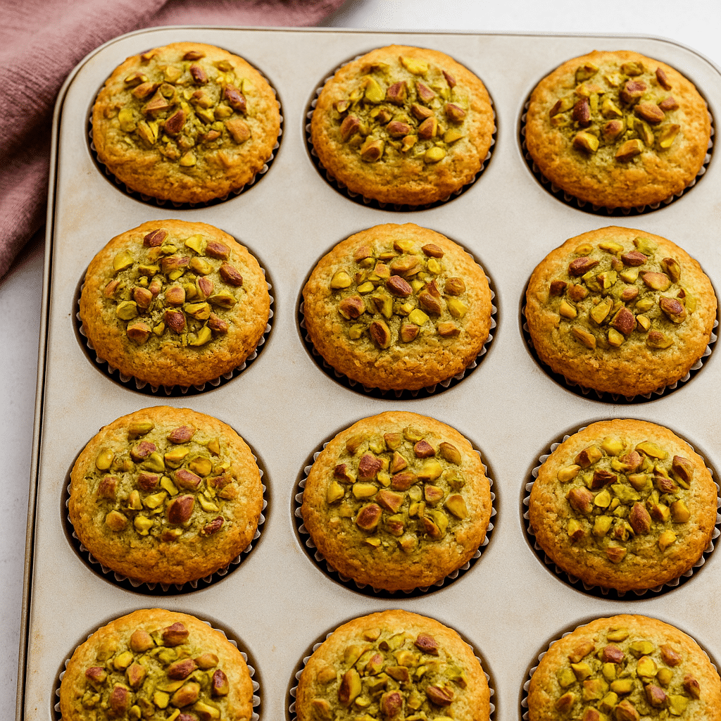Freshly baked pistachio muffins in a muffin tray, golden brown and topped with pistachio pieces