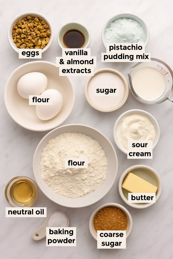 Ingredients for making pistachio muffin neatly arranged on a white marble background with natural lighting