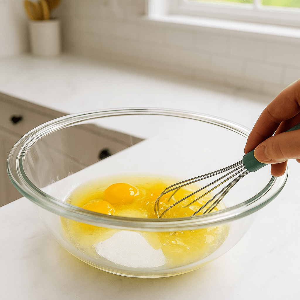 Whisking eggs and sugar in a glass bowl