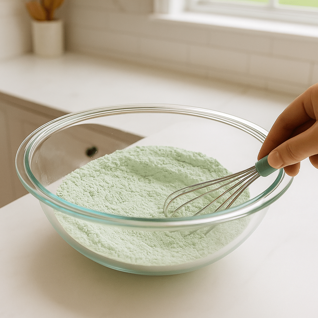 Whisking dry ingredients in a glass bowl