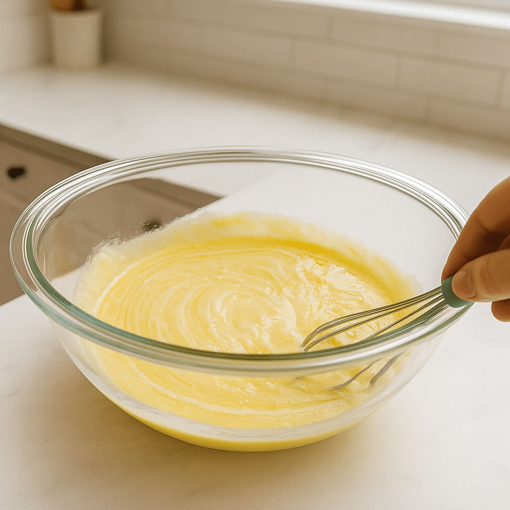 Smooth yellow wet mixture in bowl for pistachio muffin recipe
