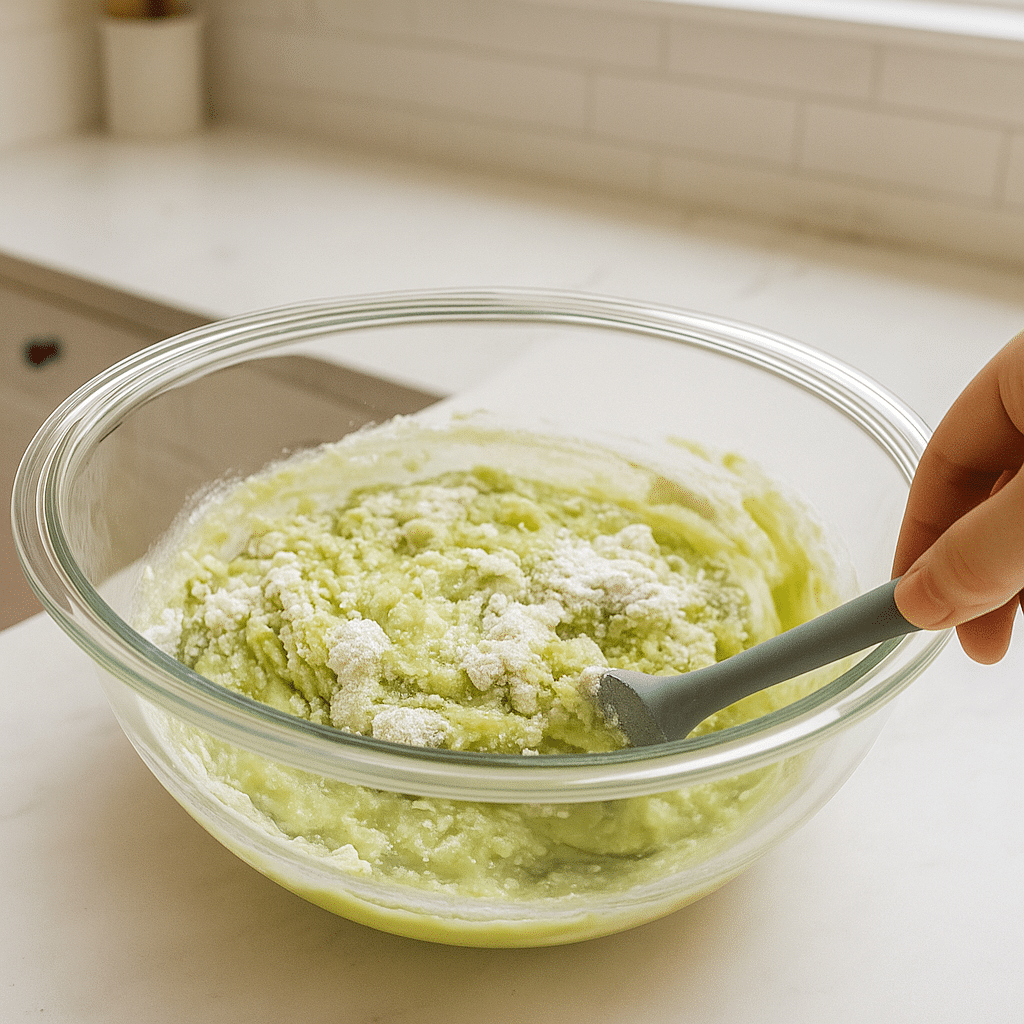 Folding green pistachio mixture and flour into muffin batter