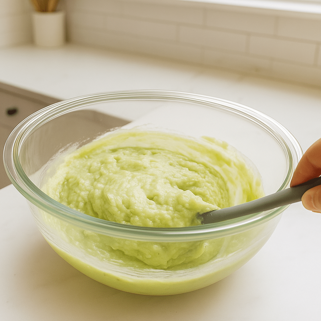 Finished thick pistachio muffin batter in a glass bowl