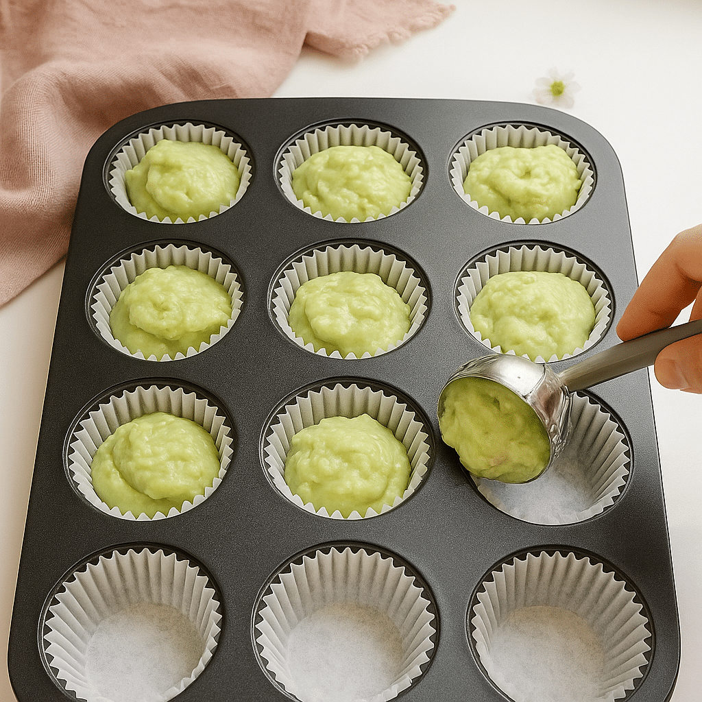 Scooping pistachio muffin batter into cupcake liners in a baking tray