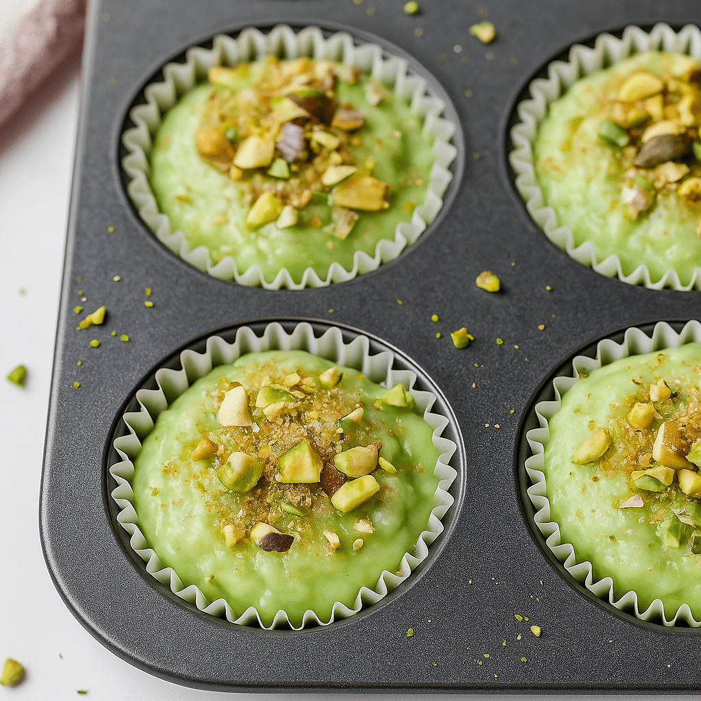 Unbaked pistachio muffins topped with crushed pistachios and sugar