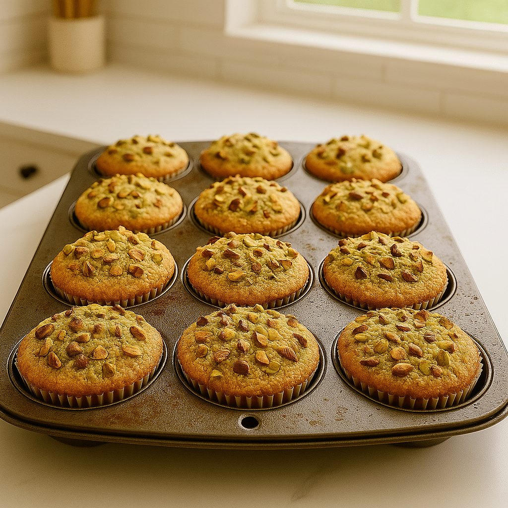 Freshly baked pistachio muffins in a muffin tin, golden and domed