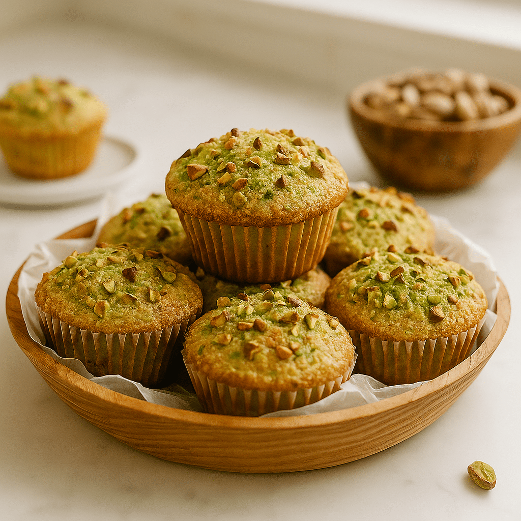Bakery-style pistachio muffins with chopped nuts on top, served in a wooden bowl