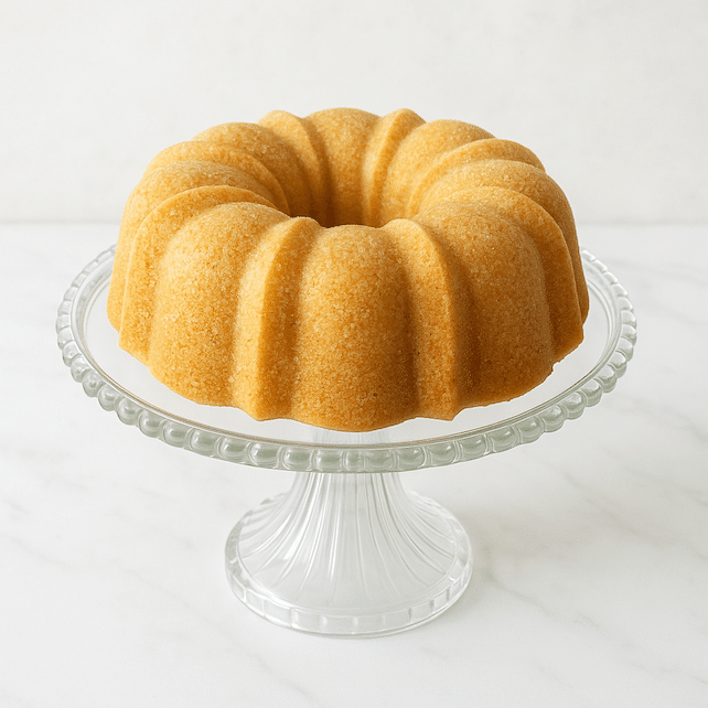 Golden brown bundt cake base on a glass stand, the starting point for the famous Tom Cruise coconut cake