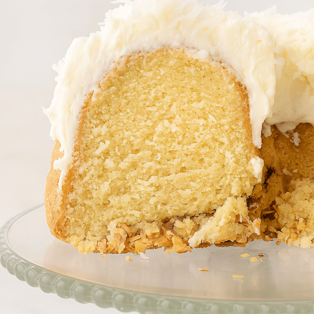 Close-up of the inside of the Tom Cruise coconut cake showing its moist, fluffy texture with frosting and coconut on top