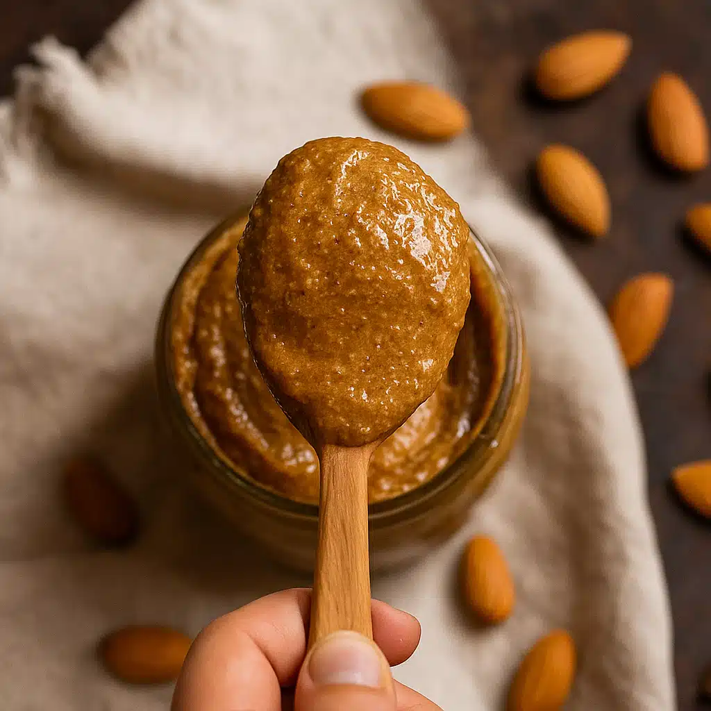 Moroccan Sweet Almond Paste Made With Honey And Argan Oil 11 Creamy sweet almond paste made with honey and argan oil in a glass jar, surrounded by whole almonds