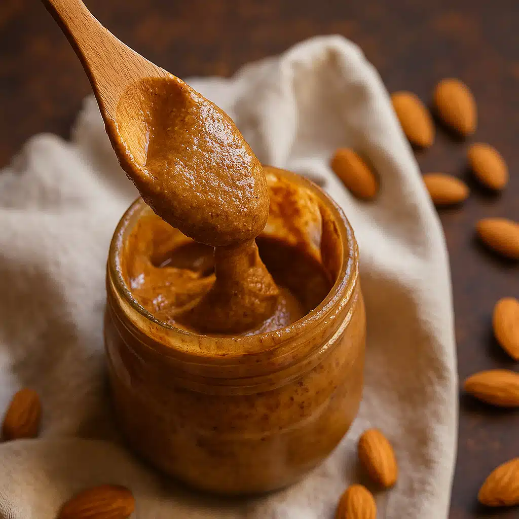 Moroccan Sweet Almond Paste Made With Honey And Argan Oil 7 Creamy sweet almond paste made with honey and argan oil in a glass jar, surrounded by whole almonds