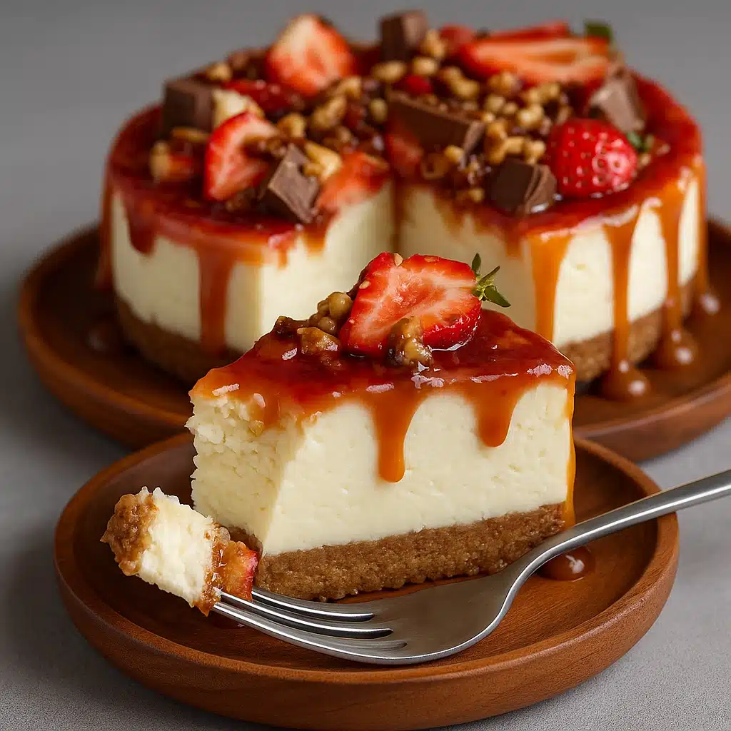 Snickers Strawberry Cheesecake You’ll Love Try 11 Slice of Snickers strawberry cheesecake with caramel and strawberries