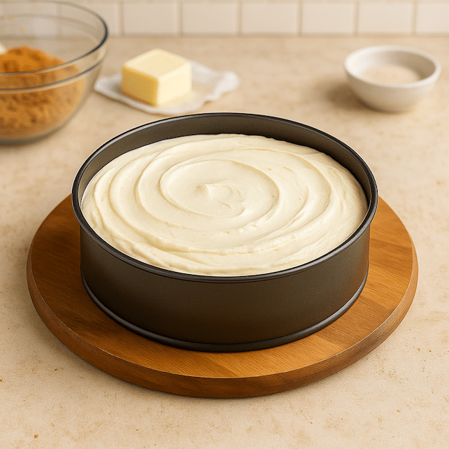 Strawberry cheesecake filling spread over crust in pan.