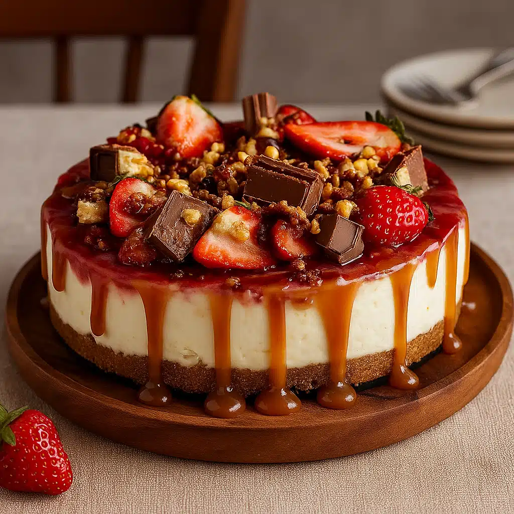 Snickers Strawberry Cheesecake You’ll Love Try 10 Snickers Strawberry Cheesecake topped with fresh strawberries, Snickers chunks, and caramel drizzle on a wooden board