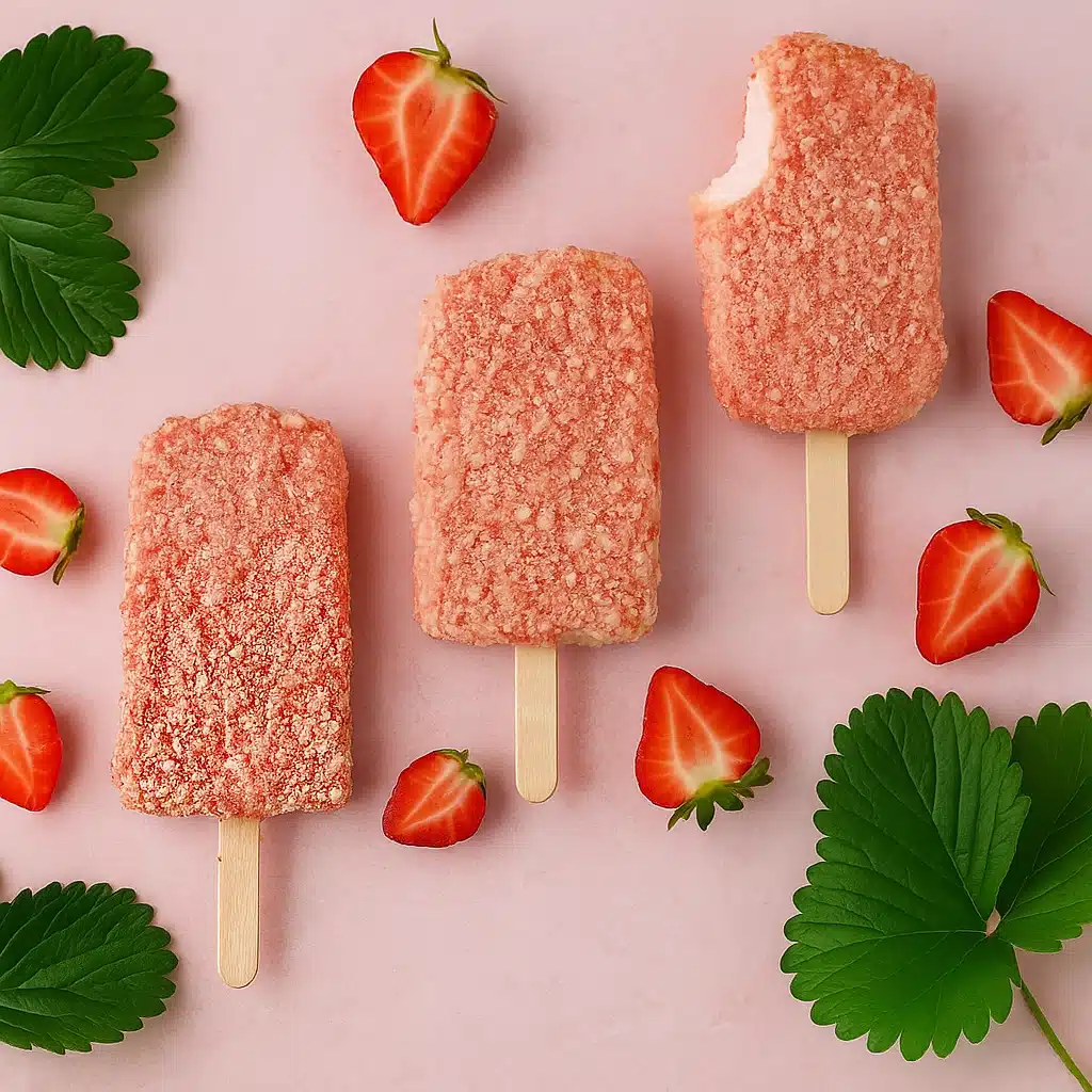 Strawberry Shortcake Ice Cream Bars (Better Than Store-Bought!) 6 Flat lay of three strawberry shortcake ice cream bars, one with a bite taken from the top, placed on a pink background with strawberry slices.
