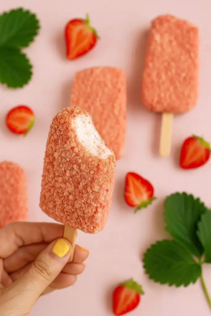 Strawberry Shortcake Ice Cream Bars (Better Than Store-Bought!) 7 Close-up of a hand holding a bitten strawberry shortcake ice cream bar, with more bars and strawberry slices in the background on pink.