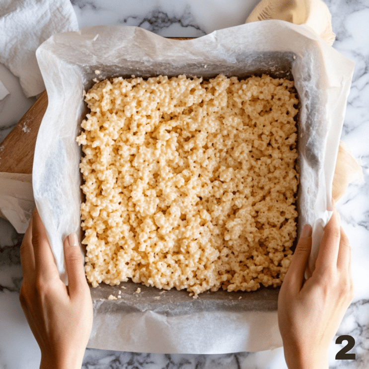 Pressing rice krispie layer into baking dish