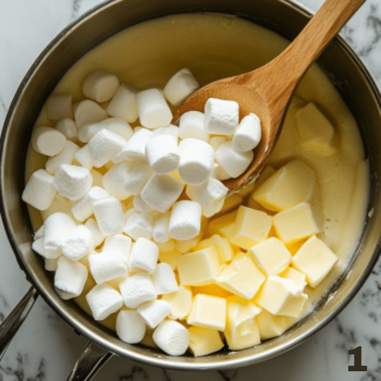 Melting marshmallows and butter for krispie treats