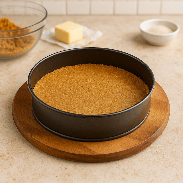Pressed graham cracker crust in a springform pan for Snickers Strawberry Cheesecake