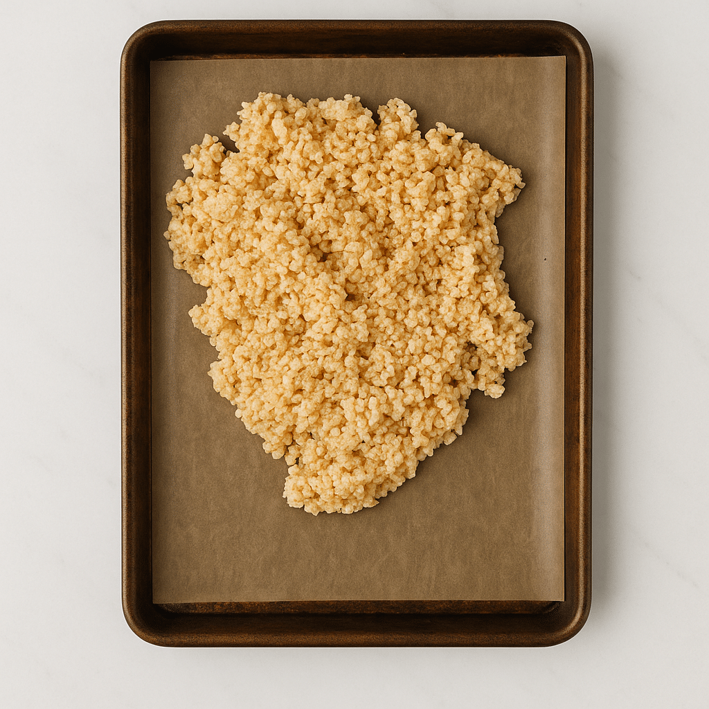Rice Krispies mixture on a baking tray, pre-flattening