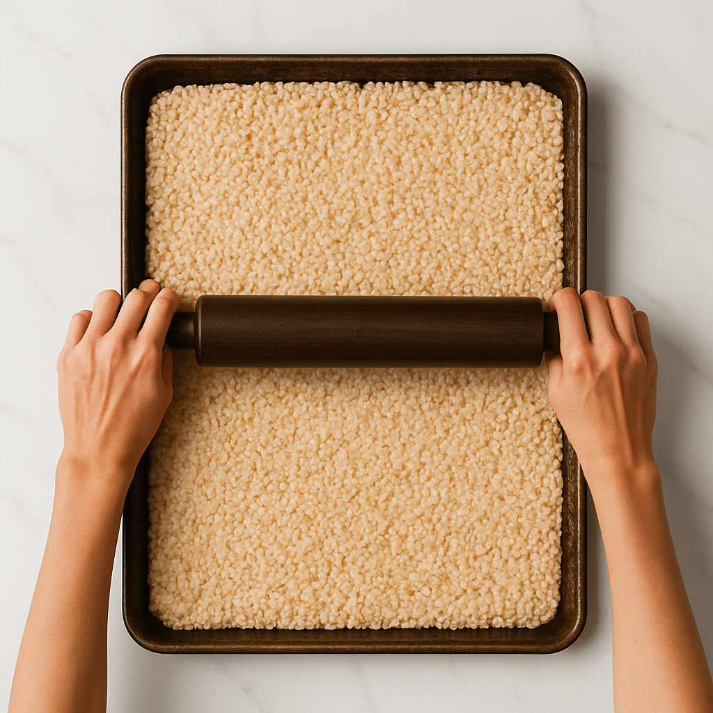 Flattening Rice Krispies mixture with a rolling pin