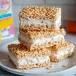 The Best Rice Krispie Treat Ice Cream Sandwiches 4 Rice krispie treat ice cream sandwiches on plate