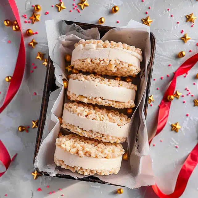 Rice Crispy Ice Cream Sandwiches - Easy, Cool & Viral 14 Rice Krispie Treat Ice Cream Sandwiches stacked in a tray with vanilla ice cream