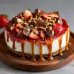 Snickers Strawberry Cheesecake You’ll Love Try 7 Snickers Strawberry Cheesecake topped with fresh strawberries, Snickers chunks, and caramel drizzle on a wooden board