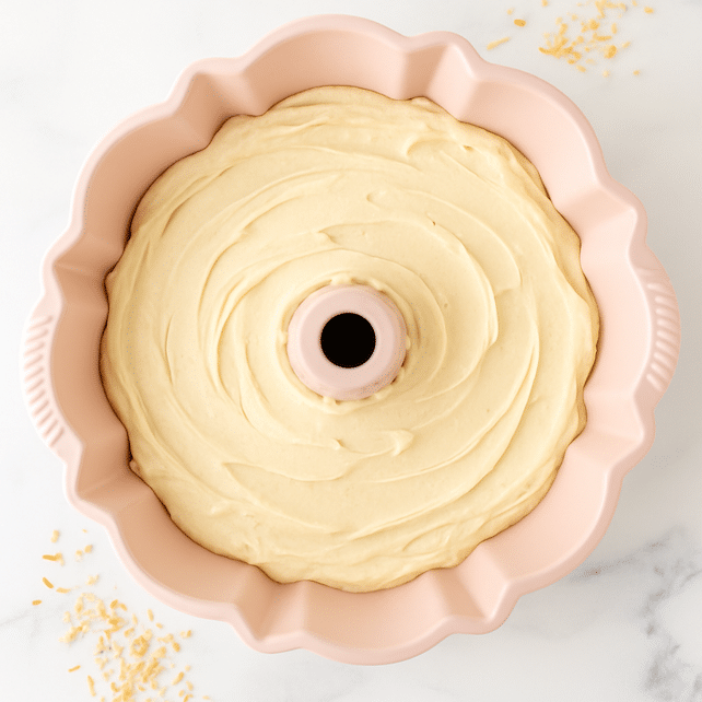 White chocolate coconut cake batter poured into a pink bundt pan for baking the Tom Cruise coconut cake