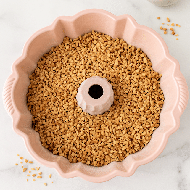 Bundt pan filled with golden toffee bits, used as the base layer for the copycat Tom Cruise coconut cake