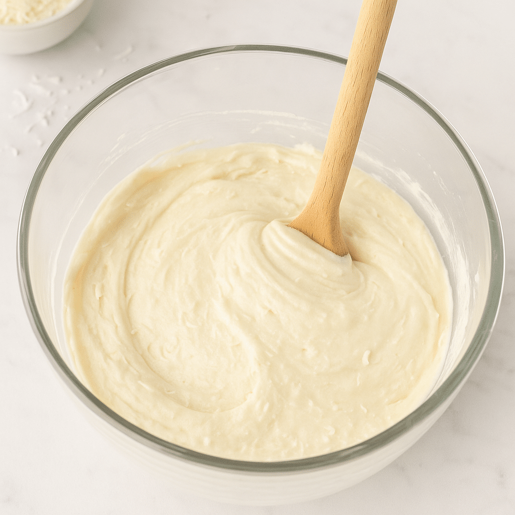 Smooth white coconut cake batter being stirred in a glass bowl, part of the Tom Cruise coconut cake recipe