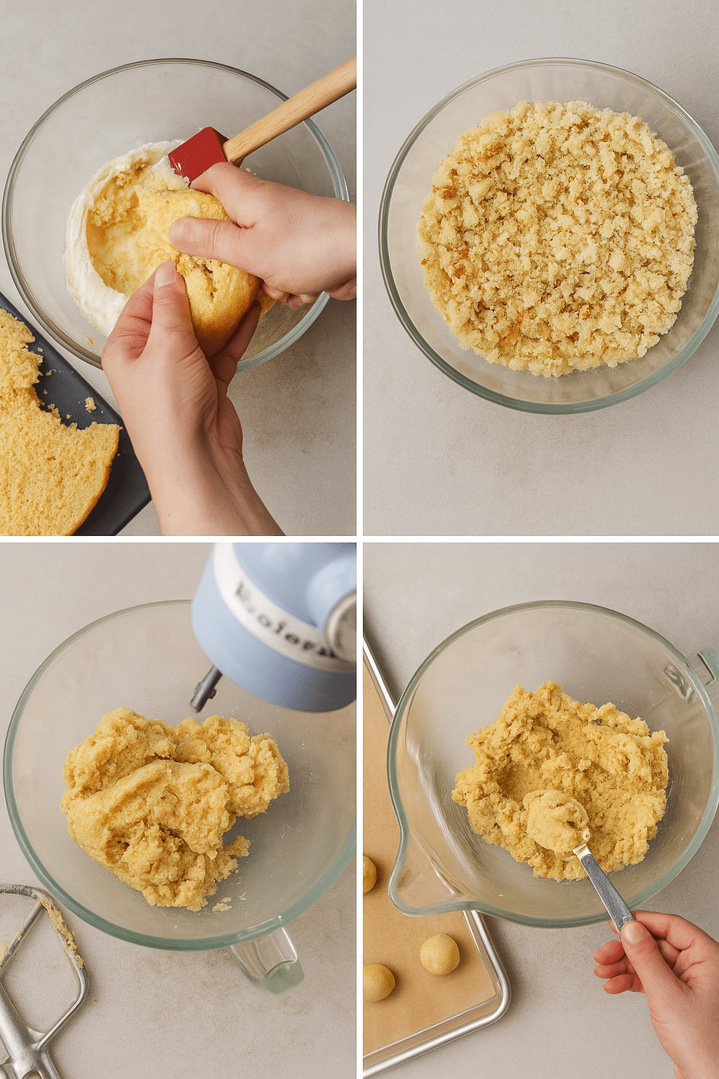 Step-by-step process of mixing and rolling dough for cake popsicles recipe