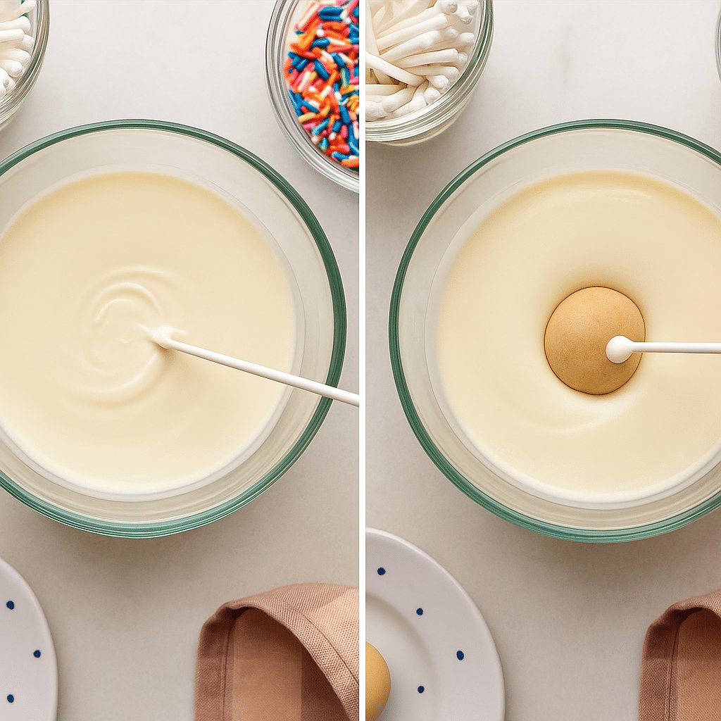 Dipping cake popsicles into melted white chocolate coating with sprinkles nearby