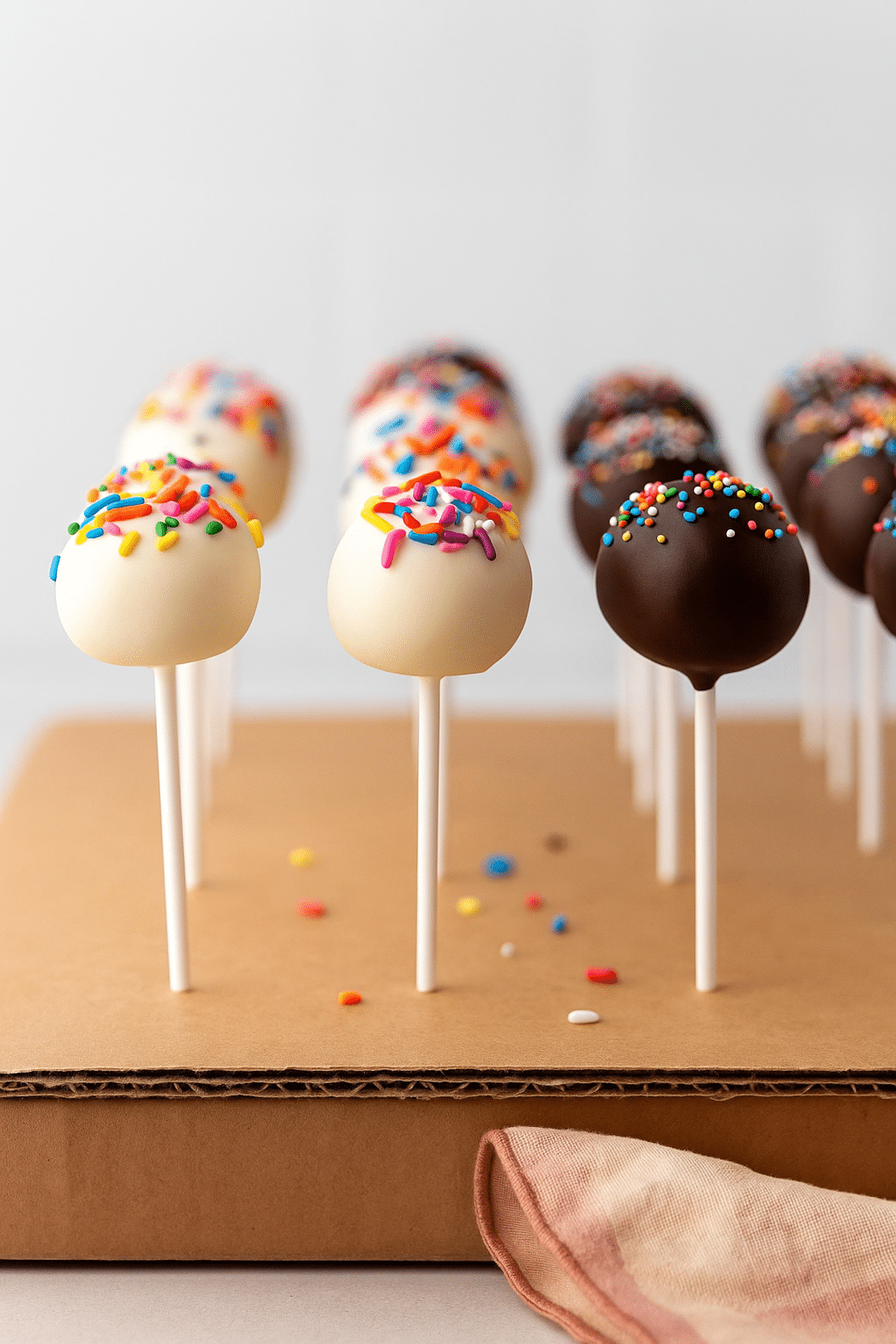 Cake popsicles recipe with chocolate coating and sprinkles set upright on a cardboard drying stand