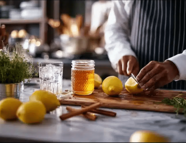 Preparing ice water hack recipe with lemon, honey, and cinnamon