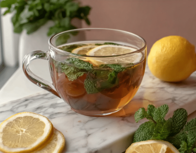 bariatric tea recipe with lemon and mint in glass cup