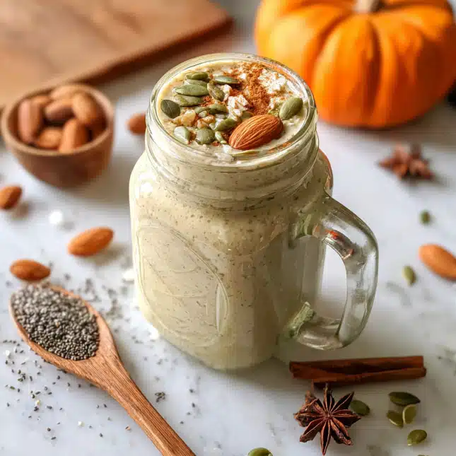 Bariatric Pumpkin Seed Smoothie with Fall Spices Creamy bariatric pumpkin seed smoothie topped with almonds, pumpkin seeds, and cinnamon, served in a mason jar with chia seeds and fall spices on a white marble background