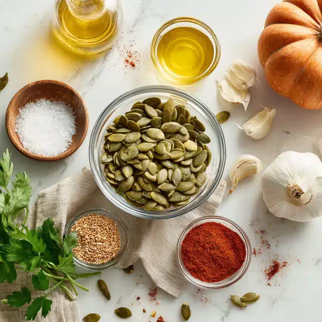 Ingredients for Roasted Pumpkin Seed Recipe Raw pumpkin seeds in a glass bowl with olive oil, garlic, sea salt, and spices on a white marble background – perfect for a bariatric-friendly roasted seed recipe.