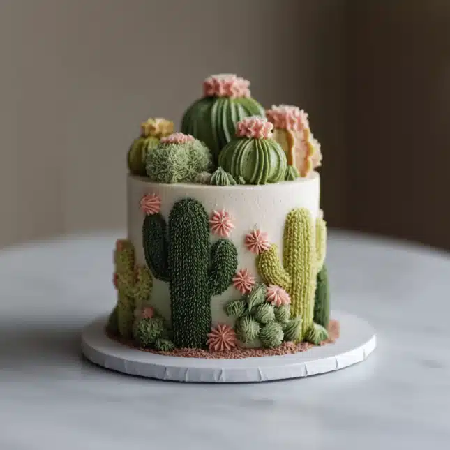 cactus-cake-decorating-desert-cake-birthday-buttercream-design Cactus cake decorating desert cake birthday with piped buttercream succulents and flowers