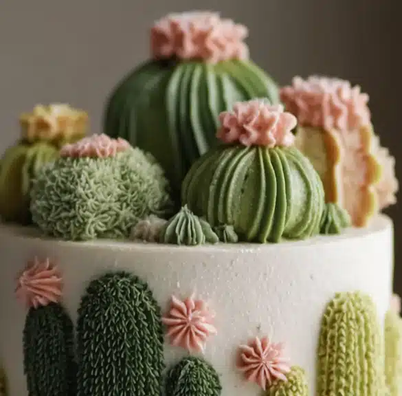 cactus-cake-decorating-desert-cake-birthday-closeup Close-up of cactus cake decorating desert cake birthday with piped buttercream cactus textures and flowers