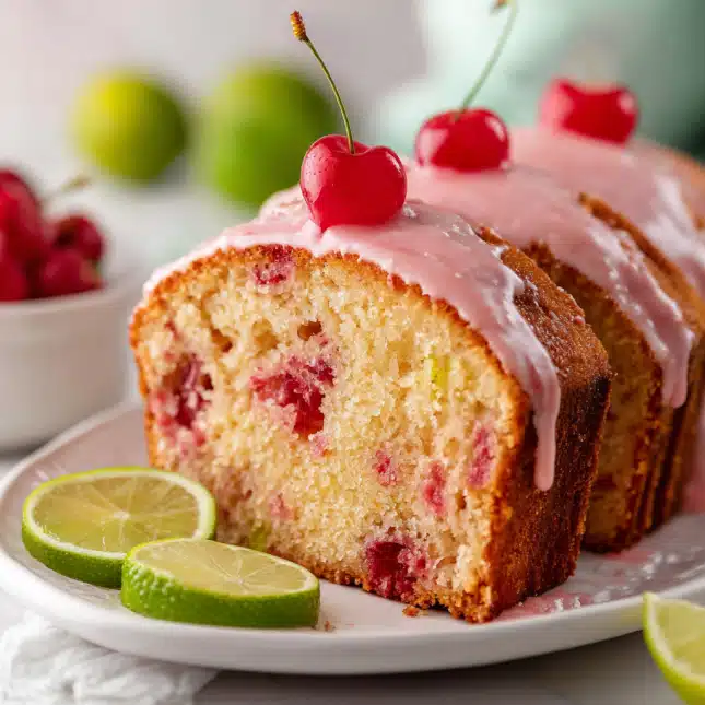 cherry-limeade-pound-cake-loaf-glazed Cherry limeade pound cake loaf topped with pink glaze and maraschino cherries