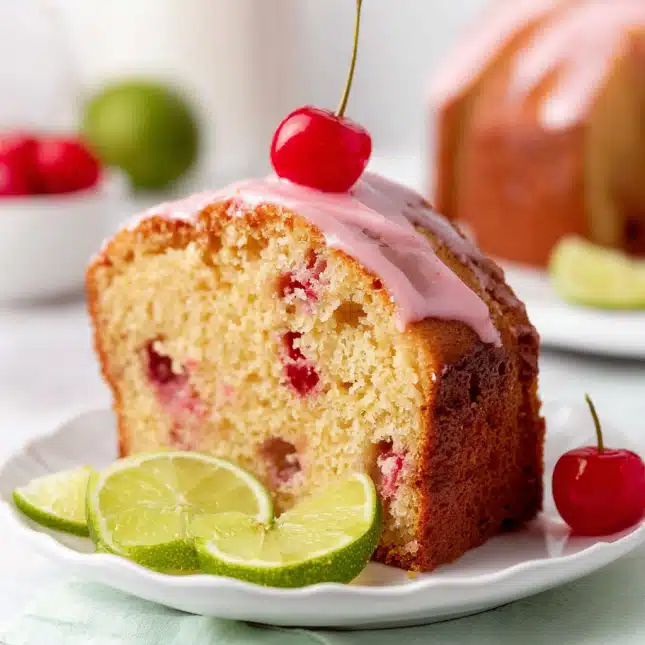 cherry-limeade-pound-cake-slice-garnish Slice of cherry limeade pound cake garnished with lime slices and cherry