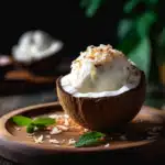 Coconut Ice Cream in Shell – Easy Tropical Dessert Everyone Loves 3 Creamy coconut ice cream served inside a coconut shell with fresh mint and toasted coconut on a tropical green background